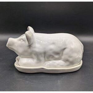 Blue Harbor White Ceramic Pig Shaped Covered Butter Dish 7" Farmhouse Cottage